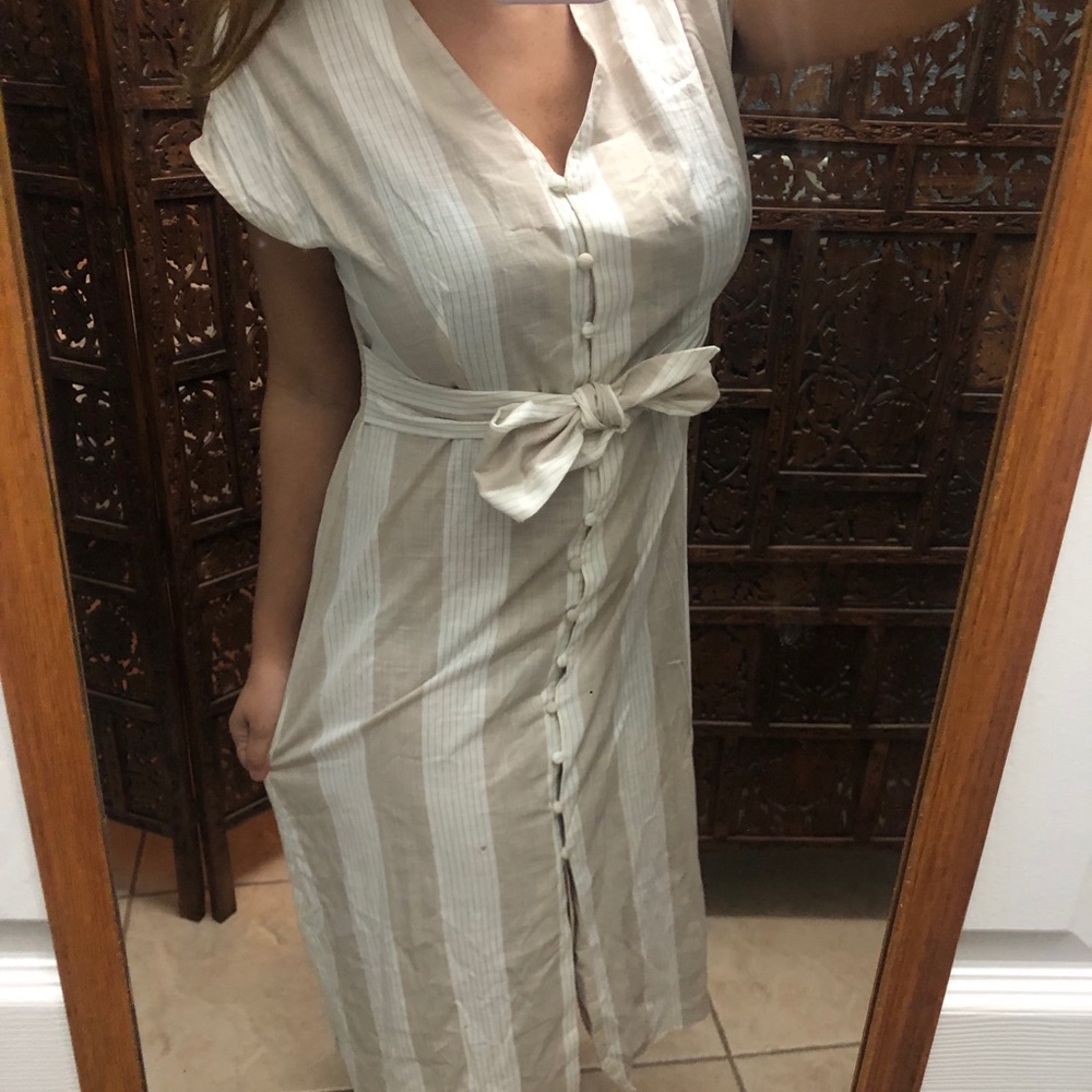MANGO Linen Beige Tan Cream Belted Button Dress 8